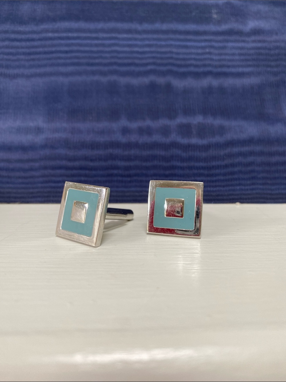 Men's Square Silver Cufflinks with Light Blue Inlay